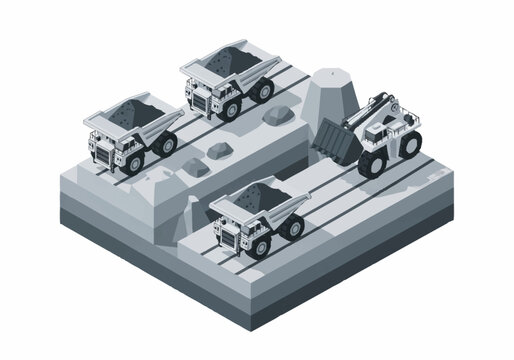 Mining trucks in an open pit mine isometric view.