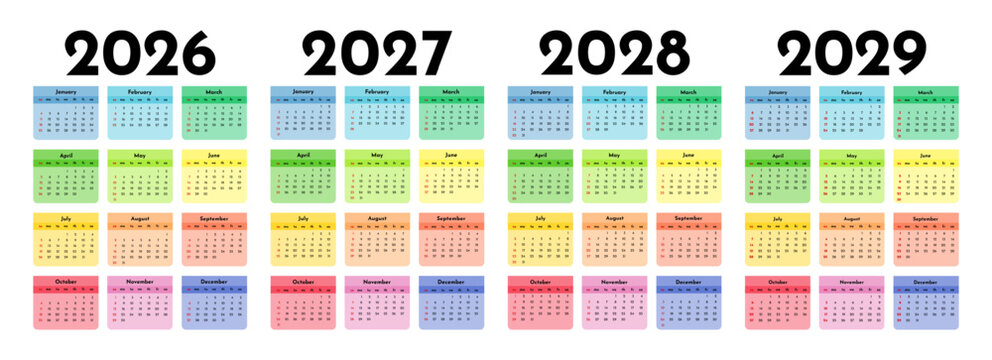 Set of calendars for 2026, 2027, 2028 and 2029 on a white background