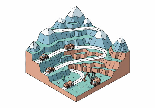 Winding mountain road with cars and trucks navigating steep terrain.
