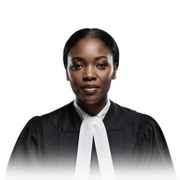 Judge lawyer woman professional black female judge wearing legal robes isolated on a transparent background looking at camera