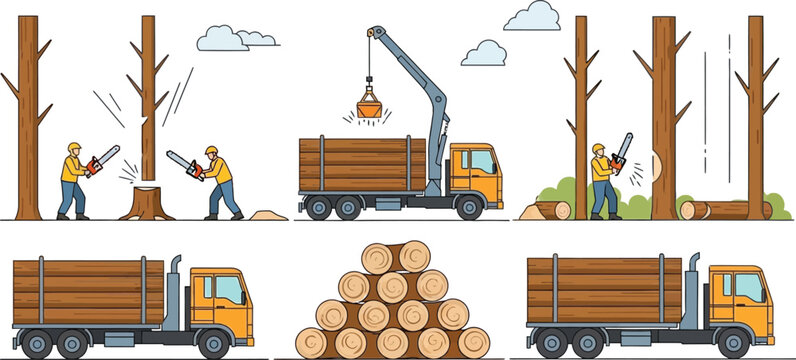 Logging industry forestry set with lumberjacks cutting trees using chainsaws and heavy trucks transporting timber logs in flat vector illustration style