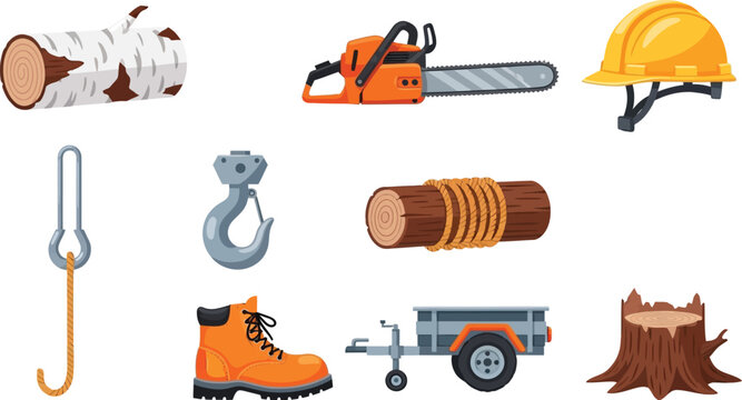 Lumberjack equipment set with chainsaw logs safety helmet work boot trailer and forestry tools flat vector illustration isolated on white background