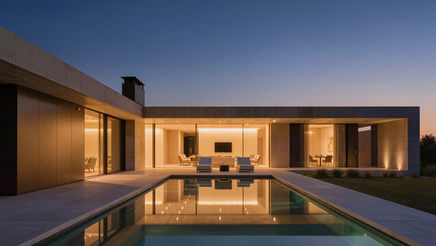 Modern Luxury Villa with Illuminated Interior and Reflecting Pool at Dusk