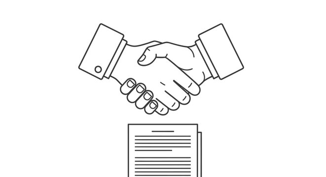 Two hands in a firm handshake above stacked documents, symbolizing agreement, partnership, and the finalization of business deals and contracts.