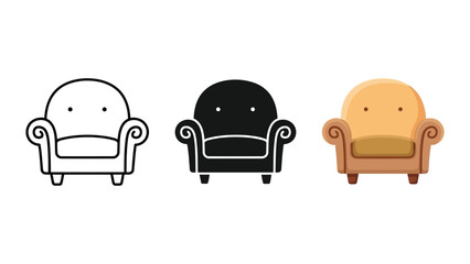 Fototapeta premium Three styles of armchair: line art, silhouette, and flat color, isolated on white background, vector illustration