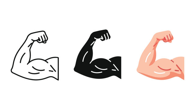 Flexing Biceps Muscle Trio: Line Art, Silhouette, and Realistic Color Arm Illustration