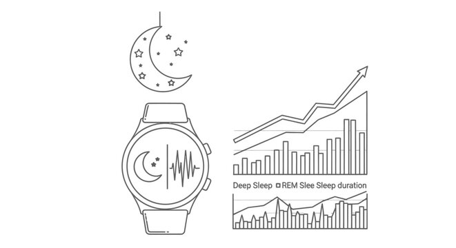 Smartwatch displaying sleep data including deep sleep, light sleep, and REM sleep cycles, alongside graphical representations of sleep duration and trends, with a crescent moon and stars motif.