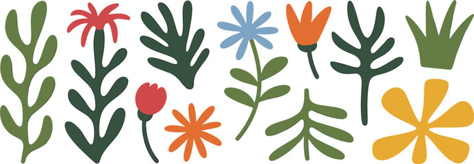 Fototapeta premium Abstract floral vector set, colorful modern flowers and leaves, minimal botanical shapes, decorative nature illustration, trendy design elements