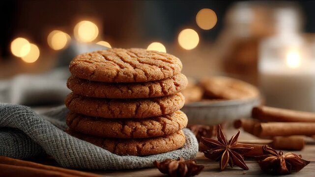 Stack of festive ginger molasses cookies with spices on dark slate background rich molasses cookies with cracks on top cinnamon sticks and star anise nearby cozy Christmas atmosphere