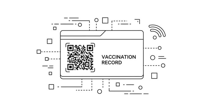 Vaccination record card with QR code and digital network connections symbolizes health passport technology and data security for travel and access.