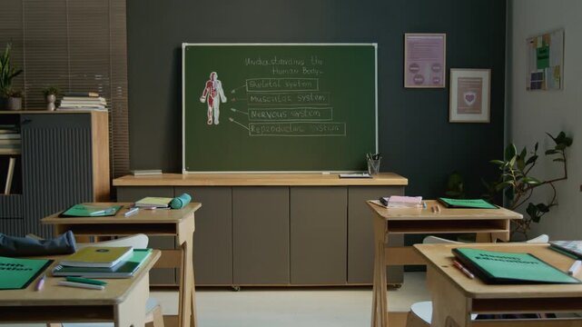 Wide dolly-in no people shot of school classroom with desks, study materials, blackboard on wall displaying human body diagram and teachers chalk notes, for anatomy or physiology lesson