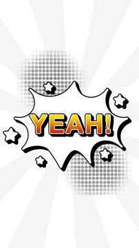 Yeah text word lettering popup comic cartoon reveal with bomb and smoke explosion manga anime book page dots radial speed lines doodle white background seamless loop vertical animation retro clip