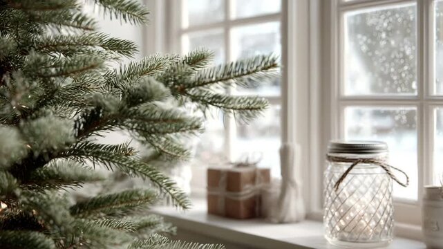 Christmas tree with handmade ornaments near window in cozy winter home decor Scandinavian Christmas Tree Decor cozy winter holiday home atmosphere