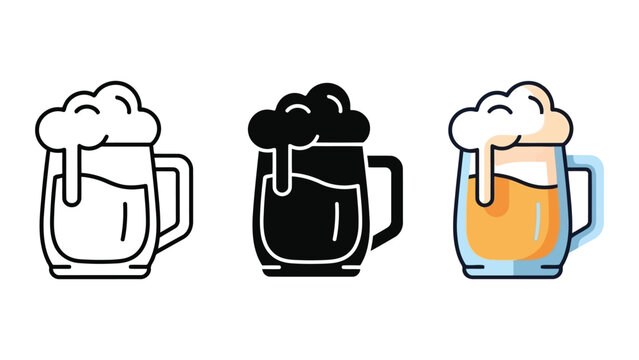Three beer mugs with foam, including outline, solid black, and colored vector illustrations