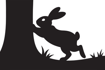 Naklejka premium Silhouette of a rabbit climbing a tree trunk with grass
