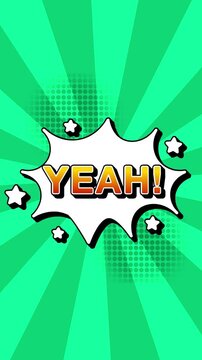 Yeah text word lettering popup comic cartoon reveal with bomb and smoke explosion manga anime book page dots radial speed lines doodle teal background seamless loop vertical animation retro clip