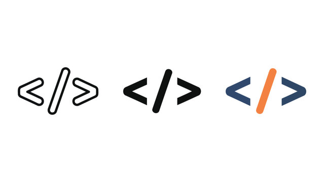 Coding Symbols Set: Angle Brackets with Slash in Outline, Black, and Blue/Orange Flat Design Vector Illustration