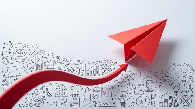 Red paper airplane flies upwards over business doodles representing growth and innovation on a white background