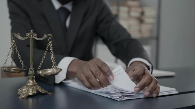 Lawyer in suit reviewing legal documents and contracts at a desk with scales of justice