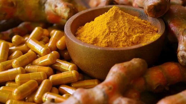 Turmeric powder in wooden bowl surrounded by herbal capsules and fresh curcuma roots