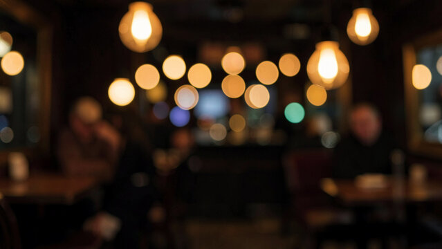 Cozy restaurant interior with warm bokeh lights and ambient atmosphere