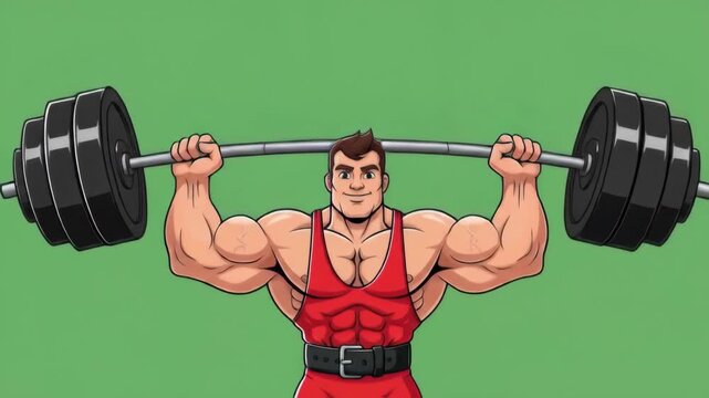 Cartoon athlete lifting heavy barbell against green backdrop