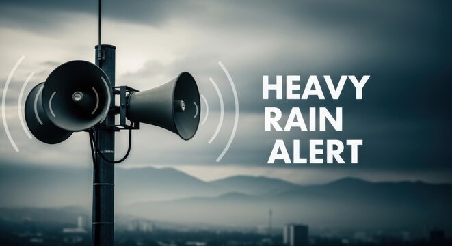 Severe weather warning heavy rain alert broadcast via loudspeaker public safety announcement