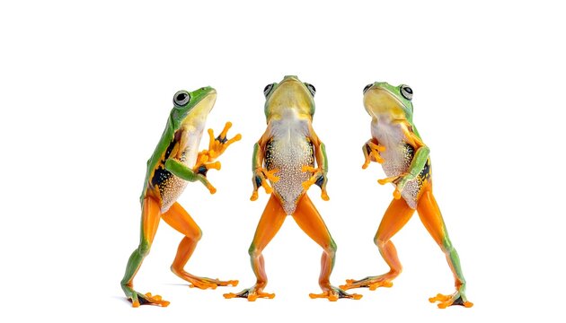 Three colorful frogs standing together on a white background.