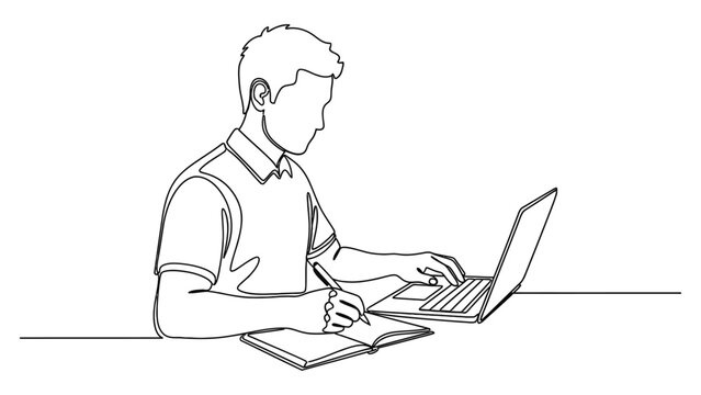 Continuous line drawing of a man working on a laptop and writing in a notebook.