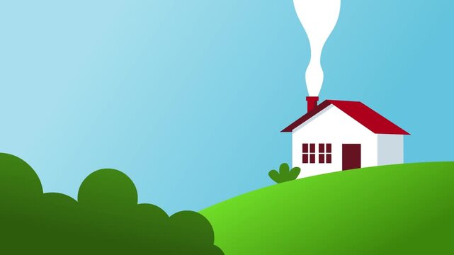 Simple animation home on green hill with chimney smoke in nature landscape