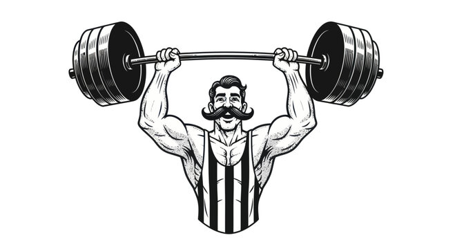 Vintage Strongman Lifting Barbell, Circus Performer, Fitness Illustration