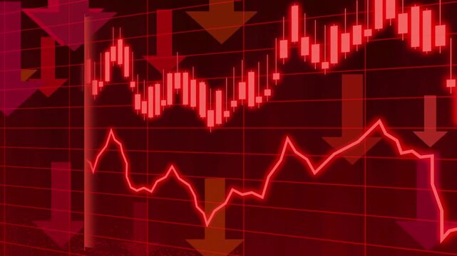 Red stock market graph showing financial crisis and economic decline with down arrows