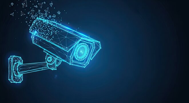 A digital security camera is rendered in a blue glowing wireframe mesh on the left side of a dark screen with geometric data fragments dispersing outward.