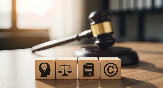 A dark wooden judge gavel rests behind four square wooden blocks carved with icons representing creativity, legal scales, documents, and copyright symbols on table.
