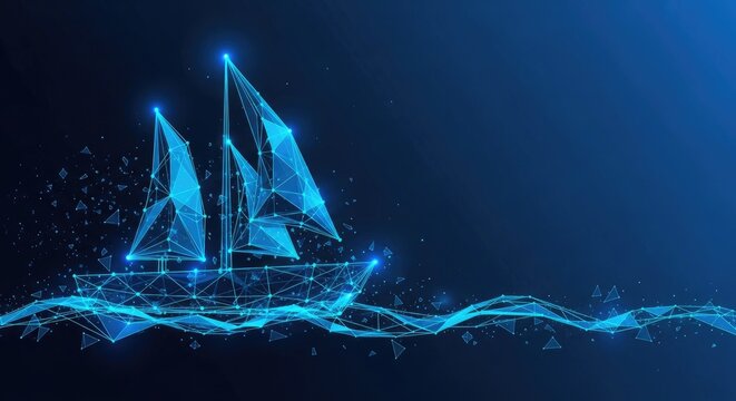 A stylized sailboat made of glowing blue polygons and intricate line networks floats upon a digitized ocean surface against a dark, deep navy blue background.
