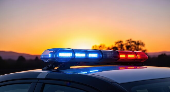 Emergency response police vehicles with flashing lights issue a critical warning at sunset public safety alert