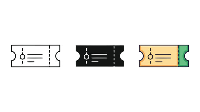 Set of three ticket icons: outline, solid black, and colorful for event entry or access, vector illustration