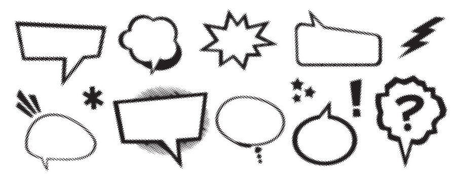 Abstract halftone speech bubble shapes set with comic style chat icons and symbols in black and white