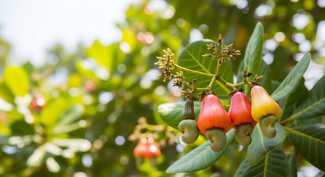 Cashew tree with green leaves and nuts.