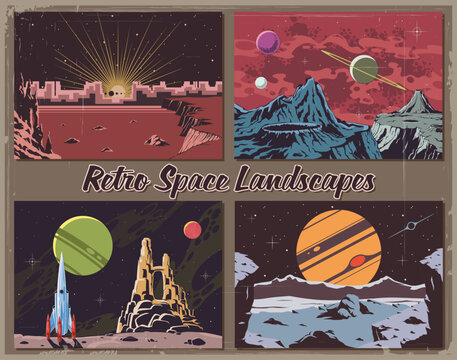 Retro Space Landscape Set. Retro Future Style Illustrations. Space Rocket, Unknown Planets, Craters, Mountains, Satellites. Mid Century Modern Sci Fi Style Vector Illustrations