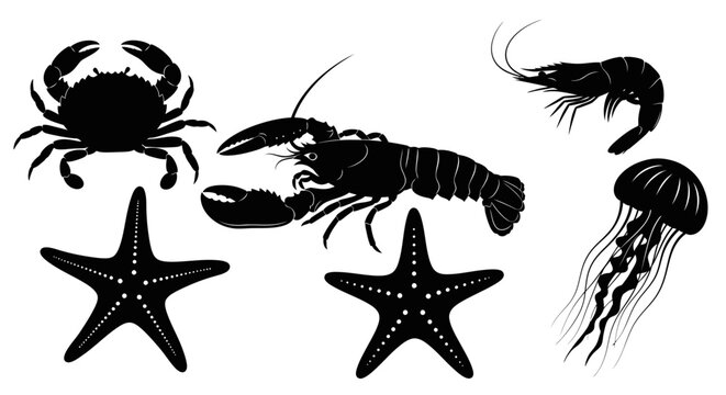 Black silhouettes of sea creatures group.