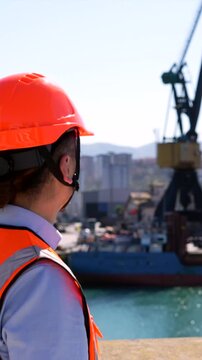 Male engineer wearing a safety helmet and high visibility vest standing at the commercial dock and supervising the loading and unloading process of cargo ships in the background