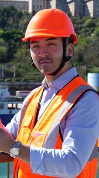 Smiling asian industrial worker wearing a hard hat and safety vest using a digital tablet for logistics management while standing in a sunny commercial dock with ships in the background