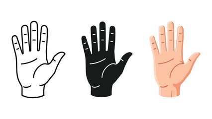 Obraz premium Three Hand Gestures: Outline, Silhouette, and Realistic Flat Design Vector Illustration