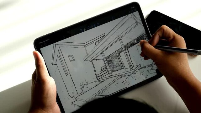 Architect working with pen tablet display, drawings on the interactive screen. Architect Working on House design plan with Tablet PC. Architect working with Architecture drawing on tablet computer.