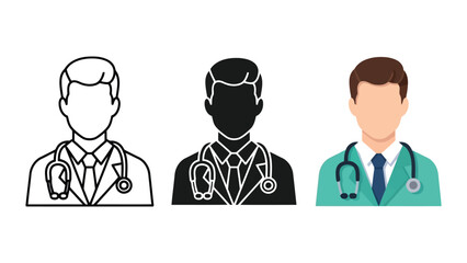 Fototapeta premium Doctor Avatar Set: Line Art, Silhouette, and Flat Color Vector Illustrations