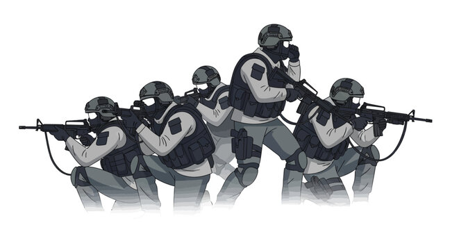 Soldiers in tactical gear advancing forward.