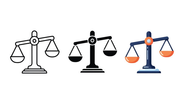 Justice Scale Icon Set: Black Outline, Solid Black, and Color Vector Illustrations