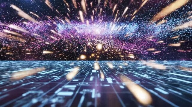 Explore abstract galaxy particle animation with cyber and techno visuals in a digital realm filled with stars and light patterns