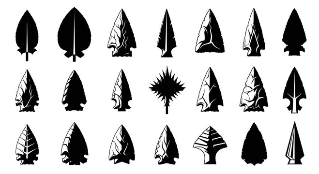 Collection of Black Arrowheads and Ancient Stone Tools, Vector Icons